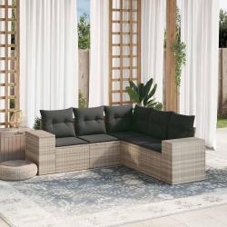 Salon de jardin 5 pcs avec coussins gris clair r&eacute;sine tress&eacute;e