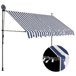 Auvent manuel r&eacute;tractable avec LED 300 cm Bleu et blanc