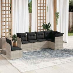 Salon de jardin 6 pcs avec coussins gris clair r&eacute;sine tress&eacute;e