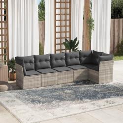 Salon de jardin 6 pcs avec coussins gris clair r&eacute;sine tress&eacute;e