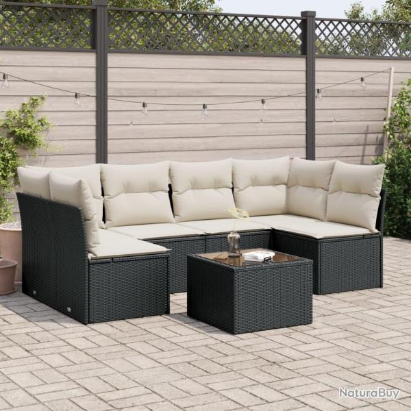 Salon de jardin 7 pcs avec coussins noir r�sine tress�e