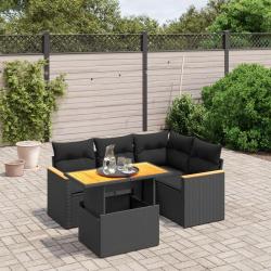 Salon de jardin 5 pcs avec coussins noir r&eacute;sine tress&eacute;e