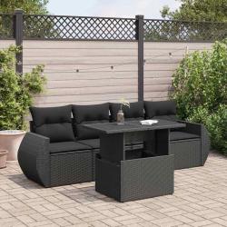 Salon de jardin 5 pcs avec coussins noir r&eacute;sine tress&eacute;e