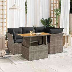 Salon de jardin 5 pcs avec coussins gris r&eacute;sine tress&eacute;e