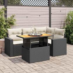 Salon de jardin 5 pcs avec coussins noir r&eacute;sine tress&eacute;e