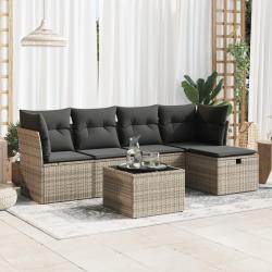 Salon de jardin 6 pcs avec coussins gris r&eacute;sine tress&eacute;e alsavelo