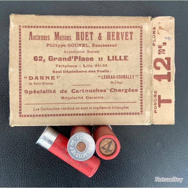 Bo�te ancienne HUET & HERVET contenant 10 cartouches marque SFM GEVELOT calibre 12-70 mm plomb n� 4