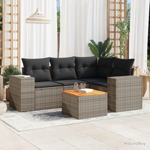 Salon de jardin 5 pcs avec coussins gris r�sine tress�e