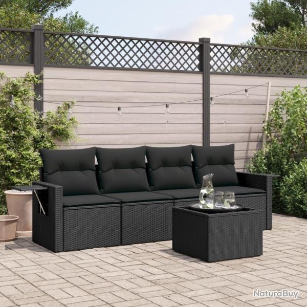 Salon de jardin 5 pcs avec coussins noir r�sine tress�e