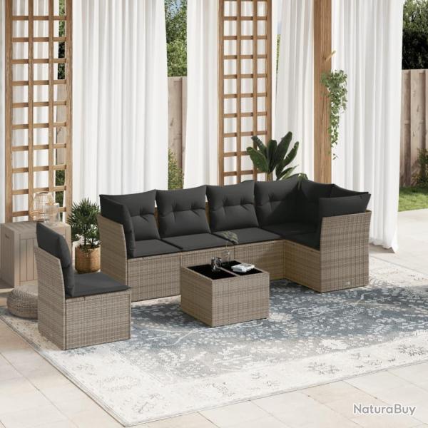 Salon de jardin avec coussins 7 pcs gris r�sine tress�e