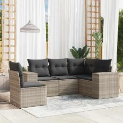 Salon de jardin 5 pcs avec coussins gris clair r&eacute;sine tress&eacute;e