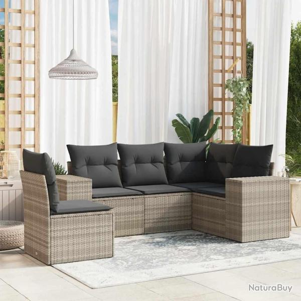 Salon de jardin 5 pcs avec coussins gris clair r�sine tress�e