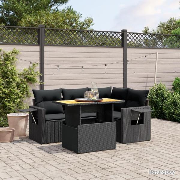 Salon de jardin 5 pcs avec coussins noir r�sine tress�e