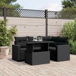Salon de jardin 5 pcs avec coussins noir r&eacute;sine tress&eacute;e