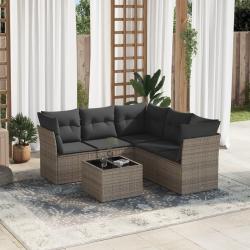 Salon de jardin 6 pcs avec coussins gris r&eacute;sine tress&eacute;e