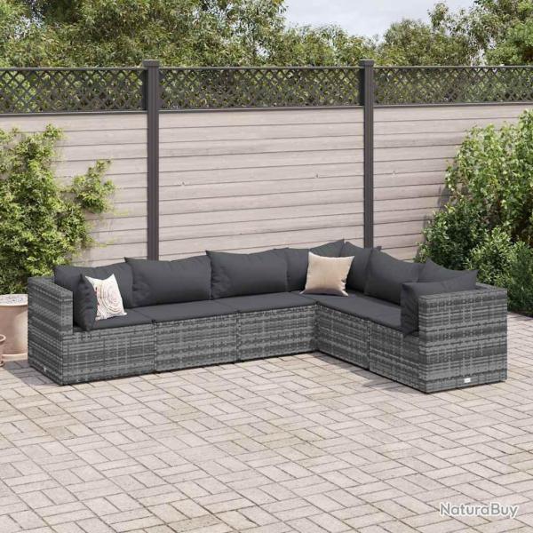 Salon de jardin 6 pcs avec coussins Gris R�sine tress�e