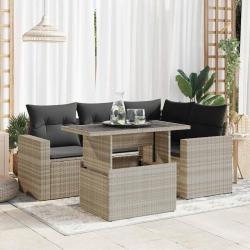 Salon de jardin 5 pcs avec coussins gris clair r&eacute;sine tress&eacute;e