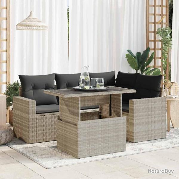 Salon de jardin 5 pcs avec coussins gris clair r�sine tress�e