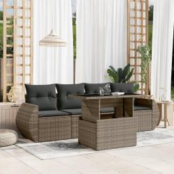 Salon de jardin 5 pcs avec coussins gris r&eacute;sine tress&eacute;e