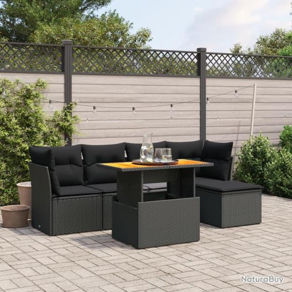 Salon de jardin 6 pcs avec coussins noir r�sine tress�e