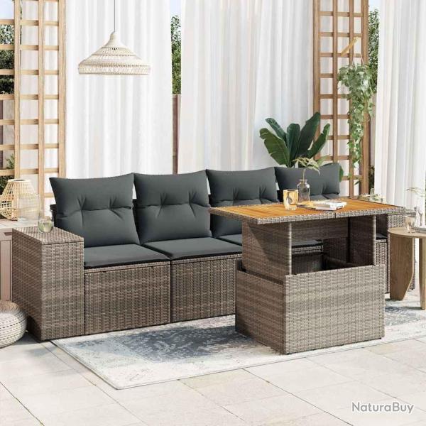 Salon de jardin 5 pcs avec coussins gris r�sine tress�e