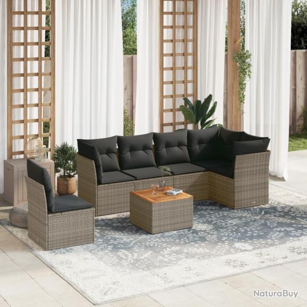 Salon de jardin avec coussins 7 pcs gris r�sine tress�e