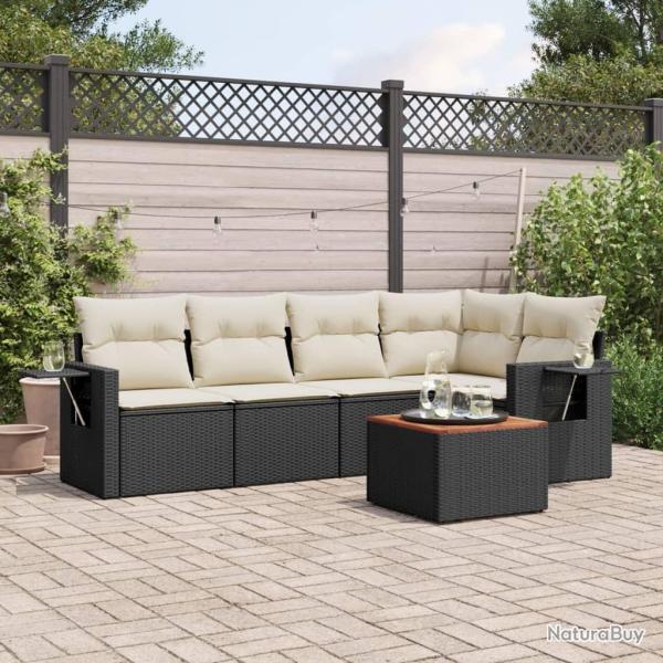 Salon de jardin 6 pcs avec coussins noir r�sine tress�e
