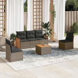 Salon de jardin 6 pcs avec coussins gris r&eacute;sine tress&eacute;e