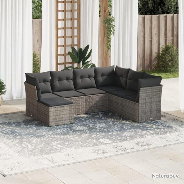 Salon de jardin avec coussins 7 pcs gris r�sine tress�e alsavelo