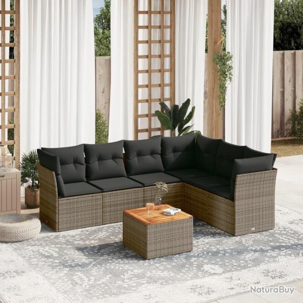 Salon de jardin avec coussins 7 pcs gris r�sine tress�e alsavelo