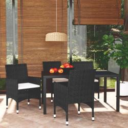 Ensemble &agrave; d&icirc;ner de jardin avec coussins 5 pcs poly rotin noir alsavelo