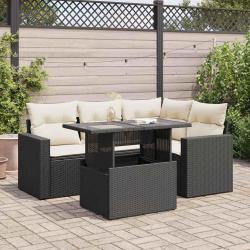 Salon de jardin 5 pcs avec coussins noir r&eacute;sine tress&eacute;e