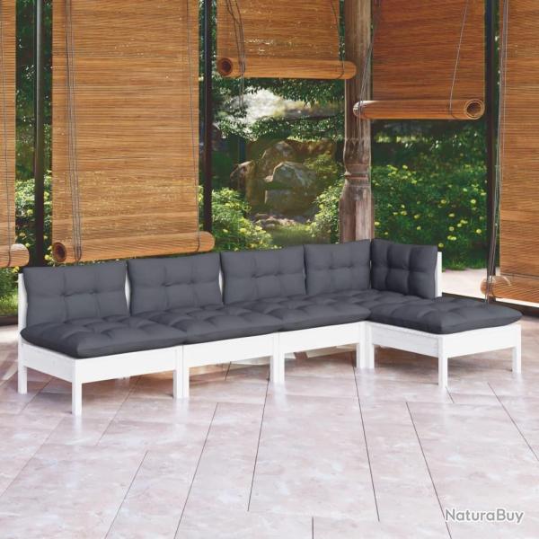 Salon de jardin 5 pcs avec coussins blanc bois de pin