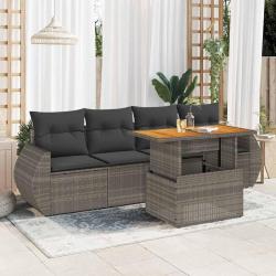 Salon de jardin 5 pcs avec coussins gris r&eacute;sine tress&eacute;e