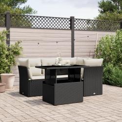 Salon de jardin 5 pcs avec coussins noir r&eacute;sine tress&eacute;e