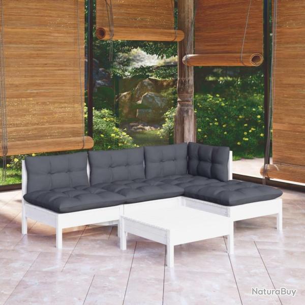 Salon de jardin 5 pcs avec coussins blanc bois de pin alsavelo
