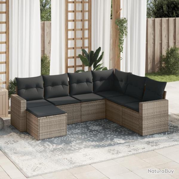 Salon de jardin avec coussins 7 pcs gris r�sine tress�e