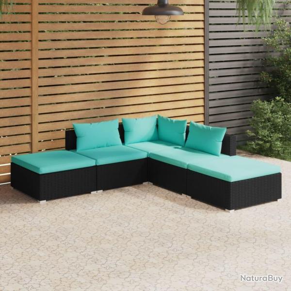 Salon de jardin 5 pcs avec coussins R�sine tress�e Noir