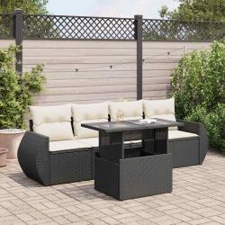 Salon de jardin 5 pcs avec coussins noir r&eacute;sine tress&eacute;e