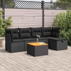 Salon de jardin 6 pcs avec coussins noir r&eacute;sine tress&eacute;e