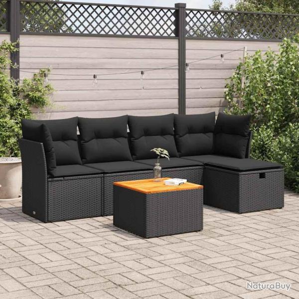 Salon de jardin 6 pcs avec coussins noir r�sine tress�e alsavelo