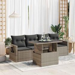 Salon de jardin 5 pcs avec coussins gris r&eacute;sine tress&eacute;e
