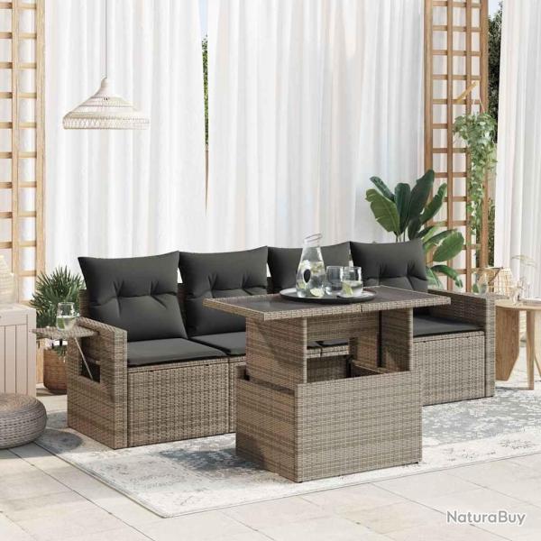 Salon de jardin 5 pcs avec coussins gris r�sine tress�e alsavelo