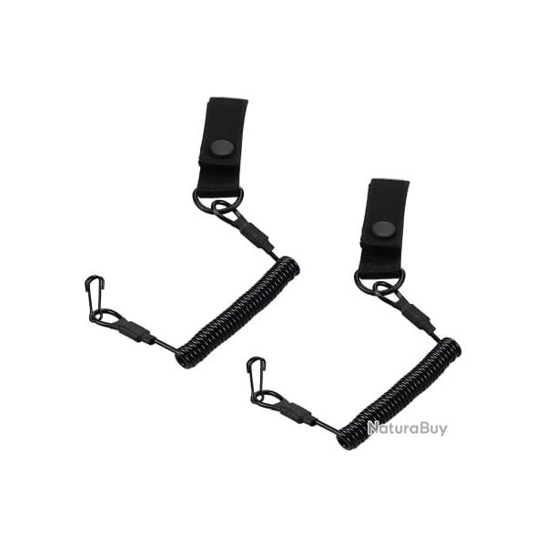 2 Pi�ces Longes Tactiques Noires avec Cordon de S�curit� Elastique et Mousqueton Spirale R�utilise