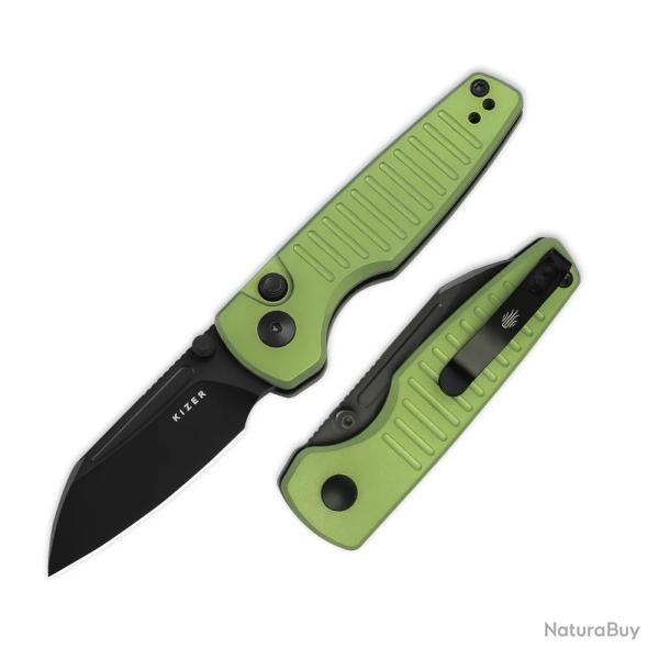 Couteau Kizer Parakeet Green Lame Sheepsfoot Acier Nitro-V Noir Manche Alu Button Lock KIV2706A5