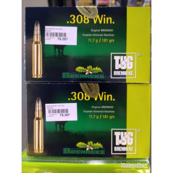 Lot de deux bo�tes de balles brenneke tug calibre 308 win 11.7g 181grs
