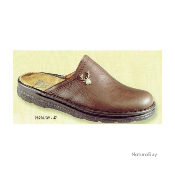 Pantouffles chaussons cuir brun, chasse motif Cerf Fritzmann