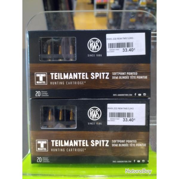 Lot de deux botes de balles rws t mantel calibre 222 rem 3.2g 50gr