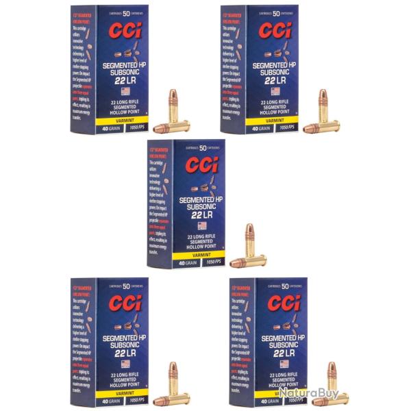 CCI 250 CARTOUCHES CALIBRE 22LR SEGMENTED HP 40GR SUB-SONIC - 5 boites de 50