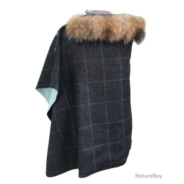 Cape Harriet - Tweed gris & bleu 100�% laine - col fourrure amovible - made in France U